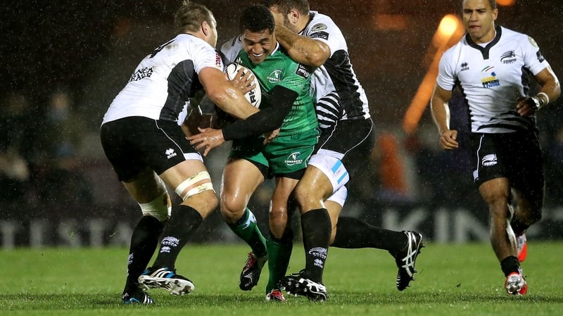 Connacht's Mils Muliaina tackled by Andries Ferreira and Luca Redolfini of Zebre