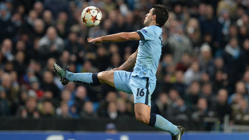 Sergio Aguero controls the ball during the match between Manchester City and Bayern Munich
