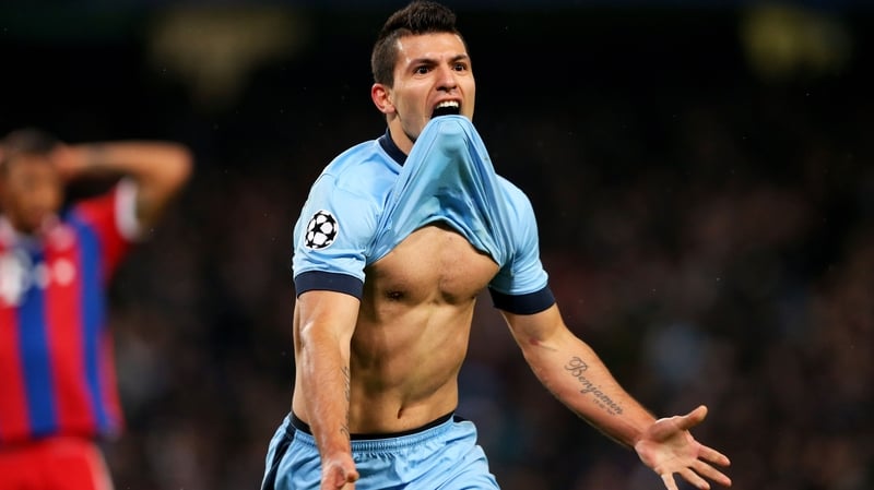 Sergio Aguero celebrates after scoring his team's match-winning goal against Bayern Munich