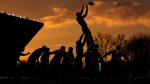 London Welsh and Leicester Tigers compete for a line-out during their Aviva Premiership match at Kassam Stadium
