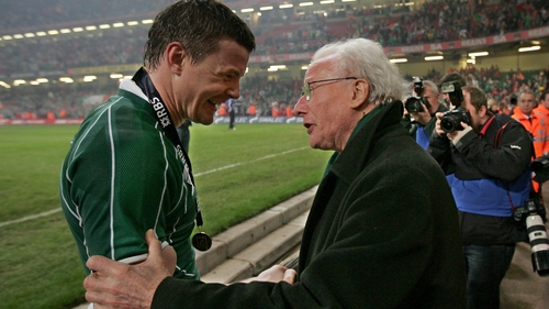 Ireland captain Brian O'Driscoll receives the congratulations of Jack Kyle at the Millennium Stadium in 2009