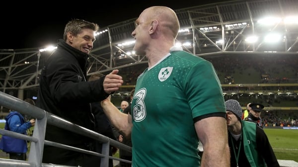 Ronan O'Gara celebrates with Paul O'Connell after Ireland's victory over Australia