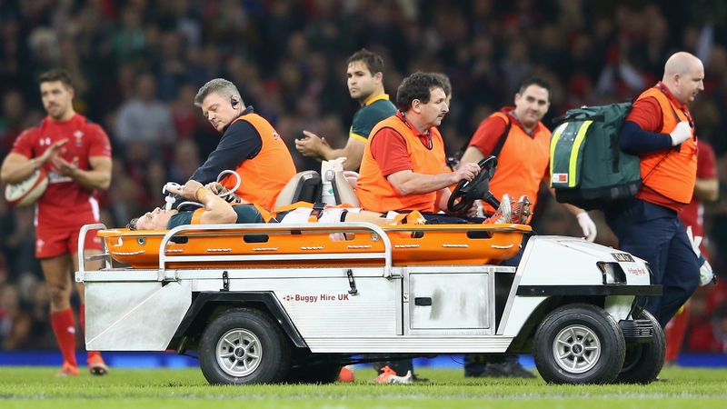Jean de Villiers is taken from the Millennium Stadium pitch having suffered a dislocated knee cap