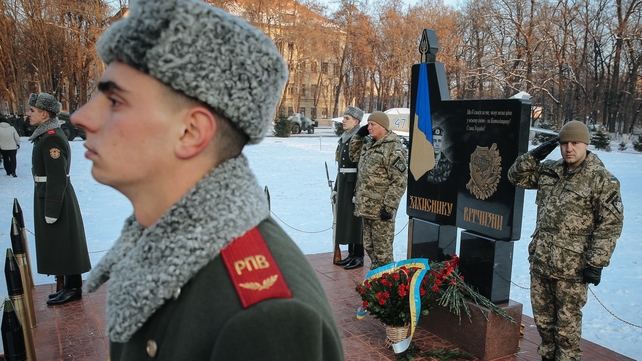 Officers at 'Monument for the Motherland Defenders', a ceremony to remember Ukrainian soldiers, who died in fighting in eastern Ukraine