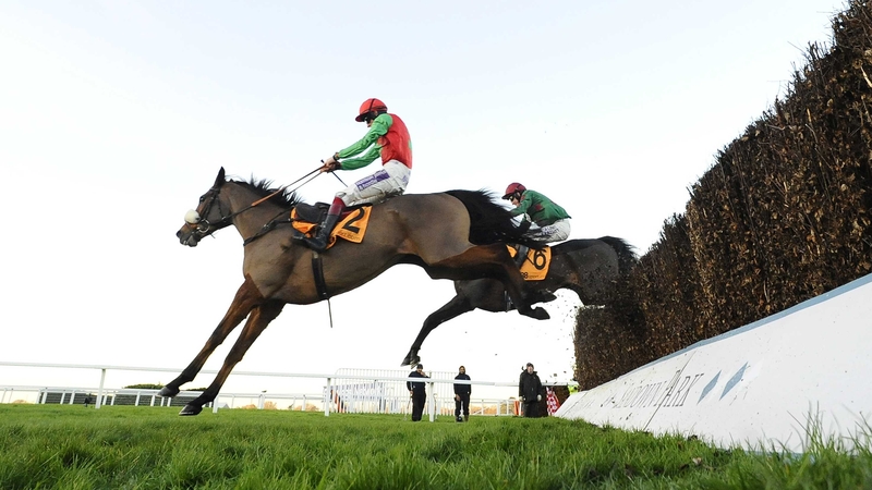 Dodging Bullets (near side) clears the last at Sandown just ahead of Somersby