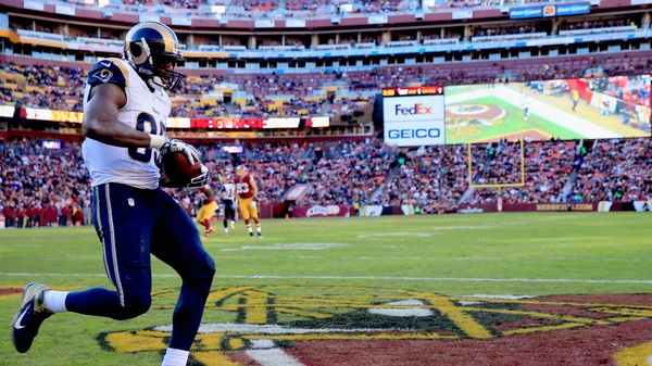 Tight end Jared Cook of the St Louis Rams reacts after catching a third quarter touchdown against the Washington Redskins