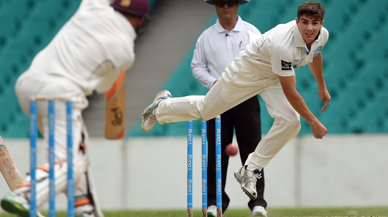 Sean Abbott sends down a delivery to Queensland batsman Marnus Labuschagne