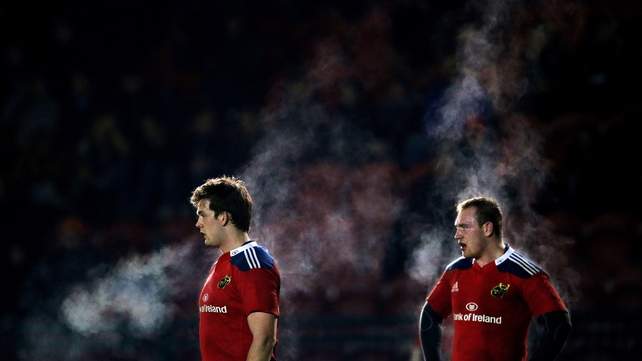 Munster A's Munster's Sean McCarthy and Shane Buckley during their B&I cup game against Worcester Warriors