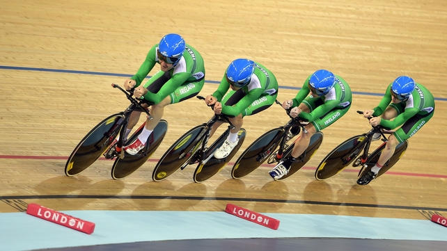 Ireland's Cormac Clarke, Thomas Fallon, Javan Nulty and Sean Downey during the Men's Team Pursuit in action during the UCI Track Cycling World Cup at the Lee Valley Velopark, London