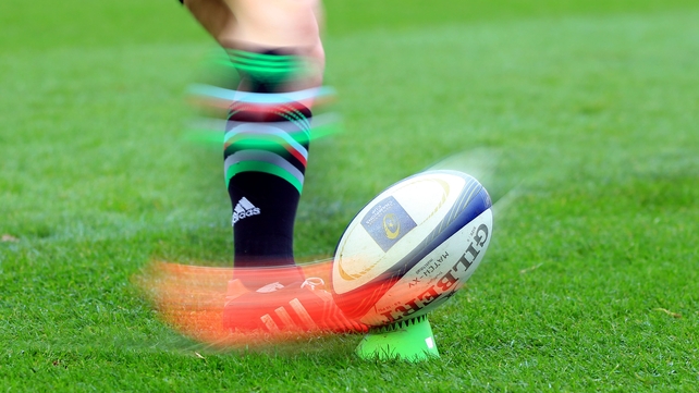 The ball is kicked during the Leinster vs Harlequins Champions Cup game