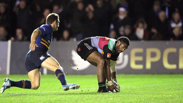 Harlequins' Aseli Tikoirotuma scores their second try against Leinster