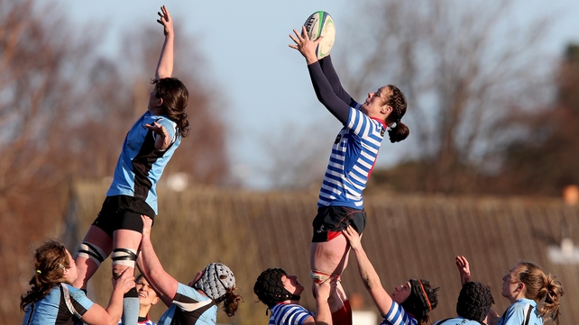 Michelle Fitzpatrick of Galwegians wins a line-out in the Women's All Ireland League Division 1 Semi-Final against Blackrock