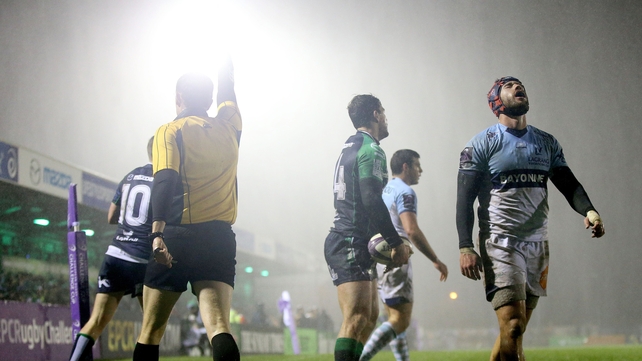 Bayonne’s Thibaut Visensang dejected after Danie Poolman of Connacht scored his side's second try in their Challenge Cup game
