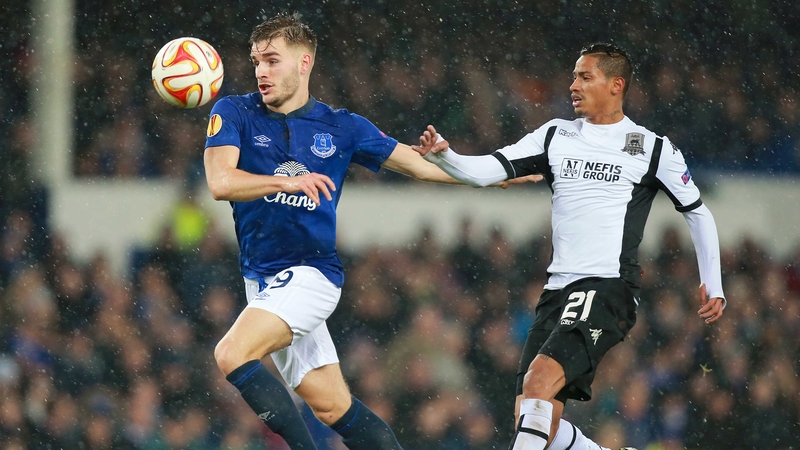 Everton's Luke Garbutt, replacing the rested Leighton Baines, beats Ricardo Laborde of Krasnodar to the ball at Goodison Park