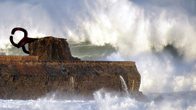 A wave breaks against Eduardo Chillida's sculpture 'el peine del Viento' (the wind's comb) at La Concha bay in San Sebastian, northern Spain