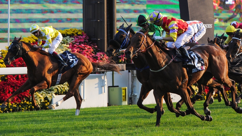 Joao Moreira riding Designs on Rome Defeats Zac Purton Riding Military Attack and Hugh Bowman riding Criterion (L)