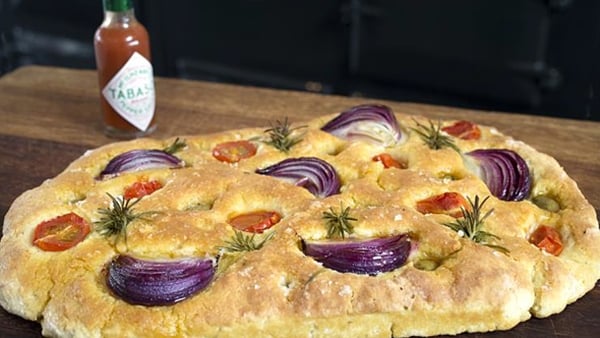 Easy Soda Focaccia with Red Onions, Olives, Cherry