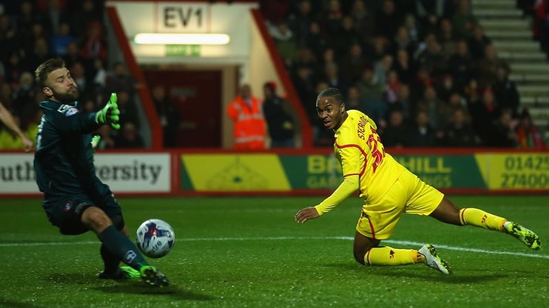 Liverpool's Raheem Sterling opens the scoring at Dean Court with a glancing header