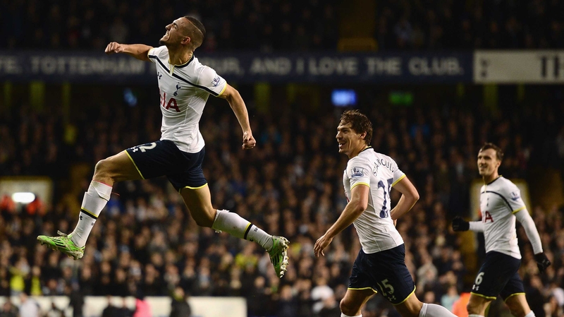 Nabil Bentaleb leaps for joy after setting Tottenham on their way against the Magpies