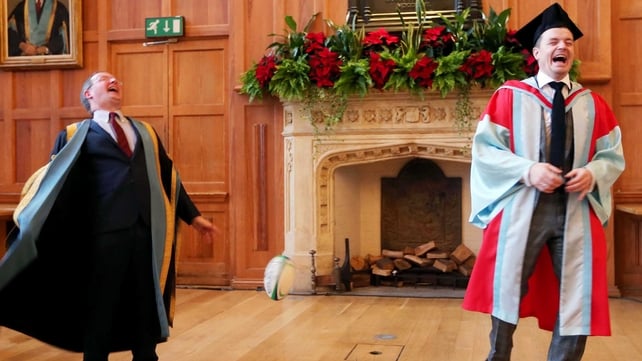 Funny men: Brian O'Driscoll and Queen's Vice Chancellor Paddy Johnston share a laugh after O'Driscoll received his Honorary Doctorate