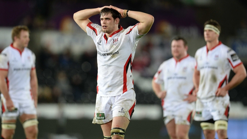 Ulster's Clive Ross looks on while the TMO awards an Ospreys try