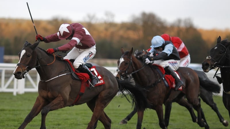 Davy Condon riding Bayan (L) clear the last to win The Ladbroke at Ascot