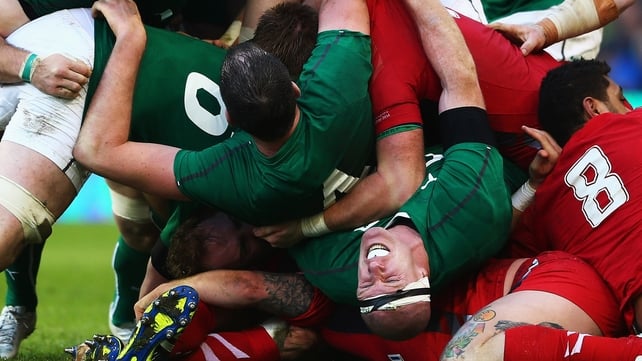 Paul O'Connell feels the force of a collapsed scrum during the Six Nations match between Ireland and Wales on 8 February