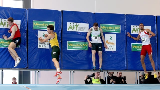 Shane Gore, Tom Reynolds, Jamie David and Steven Colver pictured moments after crossing the line at the 60m Irish National Indoor heats
