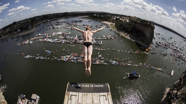 A shot from the platform at the Red Bill Cliff Diving chgampionships in Texas