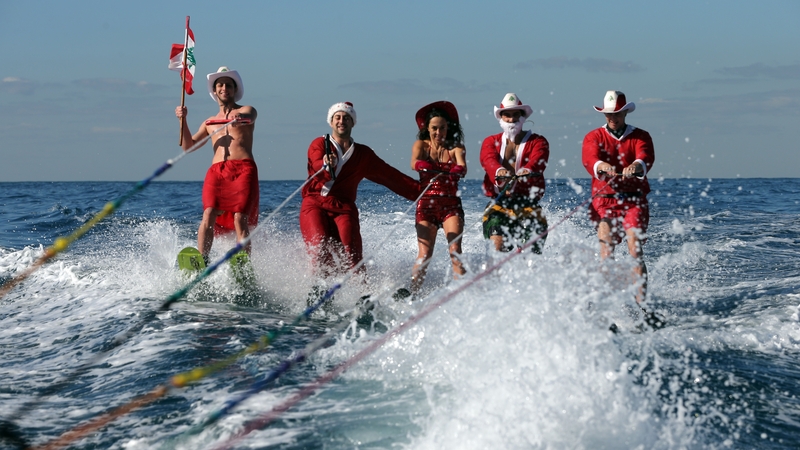 Members of a Lebanese water ski club perform in the bay of Jounieh