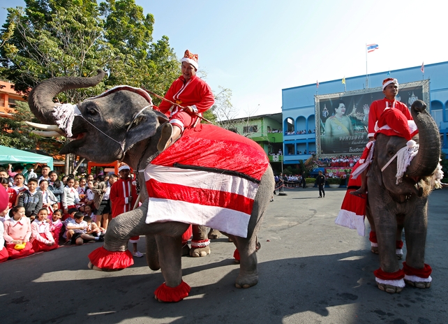 Thai mahouts and elephants dressed as Santa Claus entertain and distribute presents to pupils at a school in the world heritage city of Ayutthaya