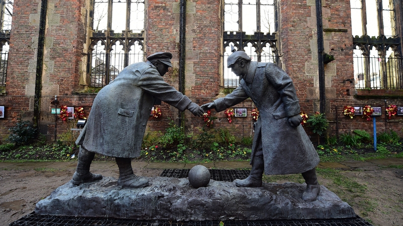A resin model at St Luke's Church in Liverpool representing a WWI Christmas Truce football match