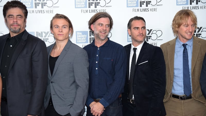 Benicio del Toro, Jordan Christian Hearn, Paul Thomas Anderson, Joaquin Phoenix, and Owen Wilson photographed at the World Premiere of Inherent Vice during the 52nd New York Film Festival in October.