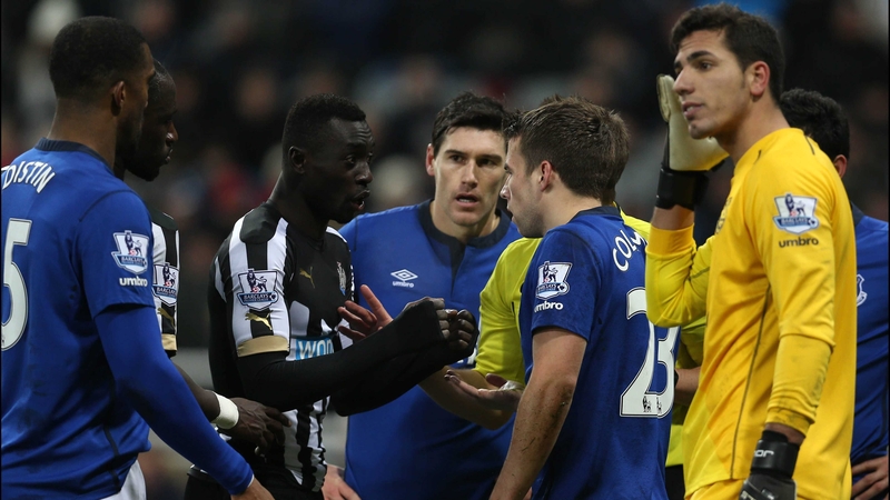 Seamus Coleman confronts Papiss Cisse after the incident