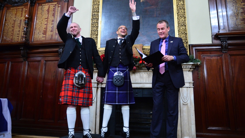 Joe Schofield (blue kilt) and Malcolm Brown from Tullibody, Clackmannanshire were married in the Trades house shortly after midnight
