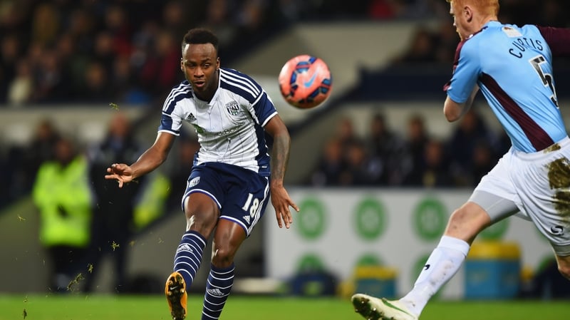 Saido Berahino shoots to score West Brom's third goal