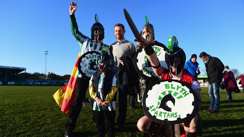 Birmingham city manager Gary Rowett poses with some Blyth fans before the match