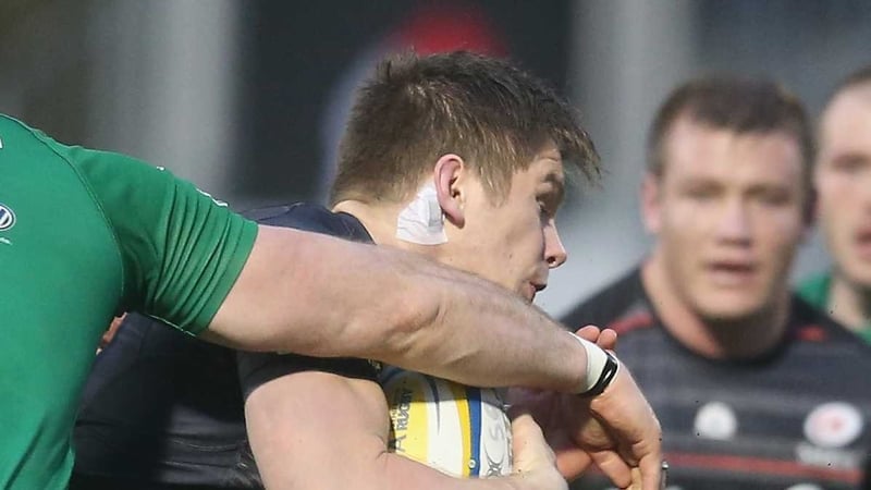 Saracens' Owen Farrell wears the sensor that measures the impacts on his head during the game