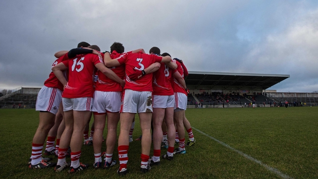 The Cork team huddle before their McGrath Cup clash with Mary I in Mallow