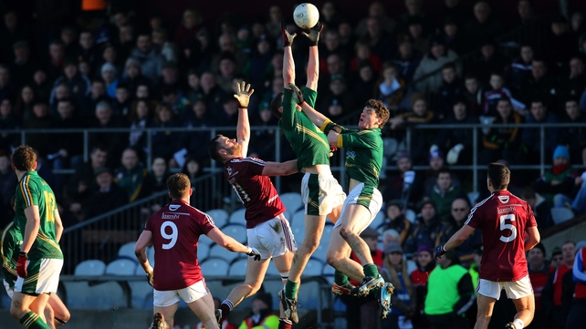 Ger Egan, David Duffy and David Lynch contest a high ball as the match gets under way in Mullingar