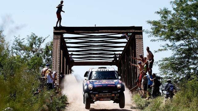 Nasser Al Attiyah and Mathieu Baumel driving for ALL4 Racing Mini Qatar Rally Team compete in the Dakar Rallly between Buenos Aires and Villa Carlos Paz, Argentina