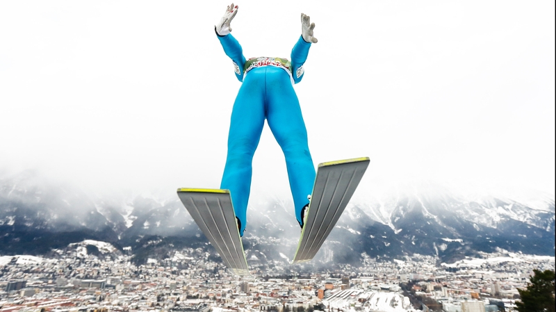 Michael Hayboeck competes at the Four Hills Tournament Ski Jumping event at Bergisel-Schanze in Innsbruck, Austria