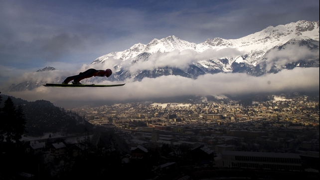 David Kubacki takes a practice jump for the Four Hills Tournament Ski Jumping event at Bergisel-Schanze in Innsbruck, Austria
