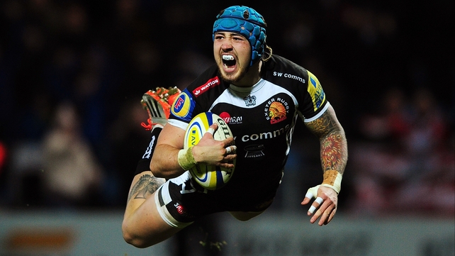Jack Nowell of Exeter Chiefs dives over for his side's first try during the Aviva Premiership match between Exeter Chiefs and Gloucester Rugby at Sandy Park, Exeter