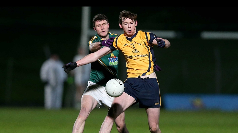 Meath's Adam Flanagan and Tom Flynn of DCU battle for possession at Páirc Tailteann, Navan