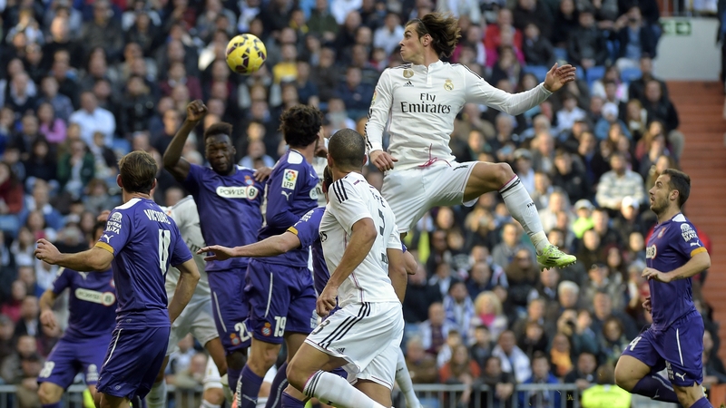 Gareth Bale (jumping in centre of shot) was on the scoresheet for Real Madrid against Espanyol
