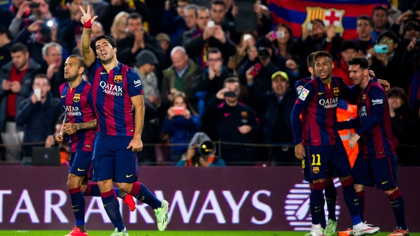 Luis Suarez (second left), Neymar, (second right) and Messi (right) were all on the scoresheet for Barcelona