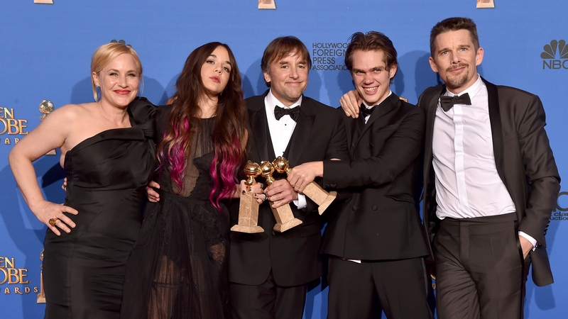l-r Boyhood stars Patricia Arquette and Lorelei Linklater, director Richard Linklater and stars Ellar Coltrane and Ethan Hawke