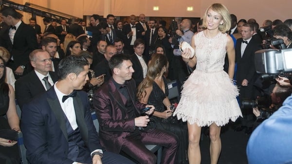 Republic of Ireland International Stephanie Roche with Cristiano Ronaldo and Lionel Messi at the 2014 FIFA Ballon d'Or awards