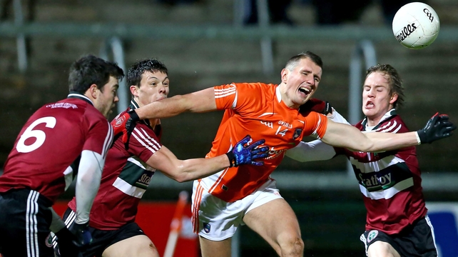 Armagh's Stephen Sheridan under pressure from St Mary's James Morgan and Kieran McGeary during his side's McKenna Cup clash with St Mary’s